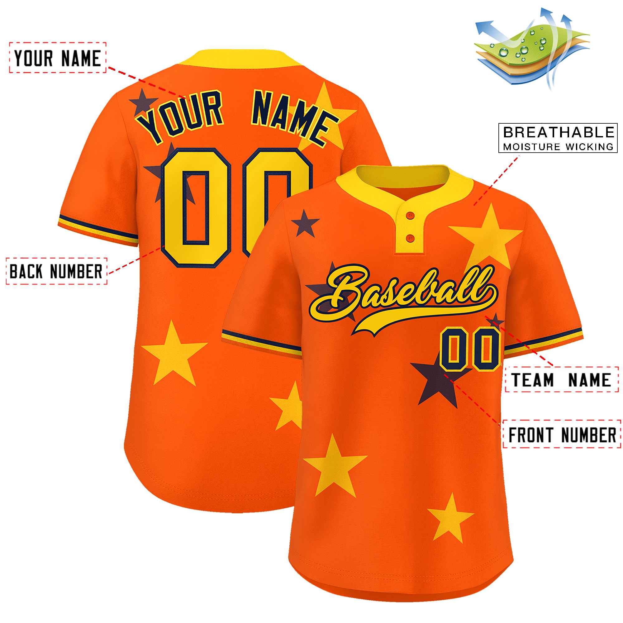 Custom Orange Gold Personalized Star Graffiti Pattern Authentic Two-Button Baseball Jersey