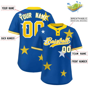 Custom Royal Gold Personalized Star Graffiti Pattern Authentic Two-Button Baseball Jersey