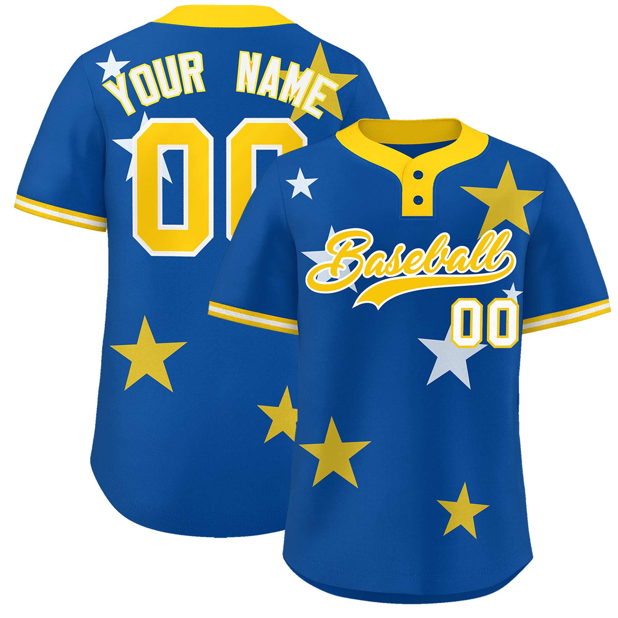 Custom Royal Gold Personalized Star Graffiti Pattern Authentic Two-Button Baseball Jersey