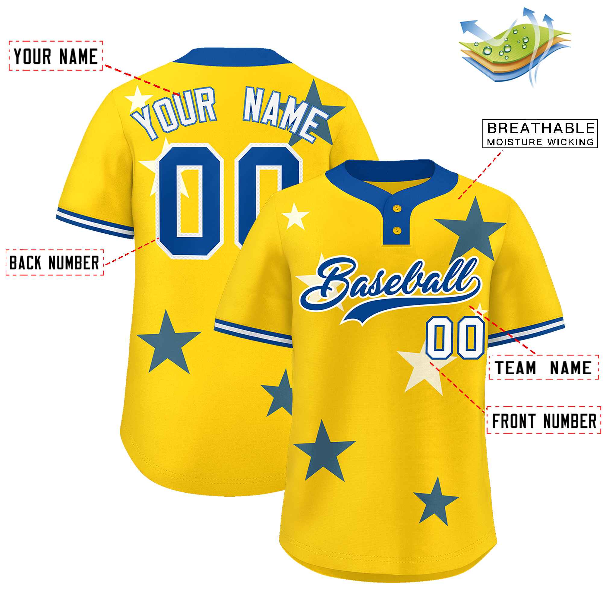 Custom Gold Royal Personalized Star Graffiti Pattern Authentic Two-Button Baseball Jersey