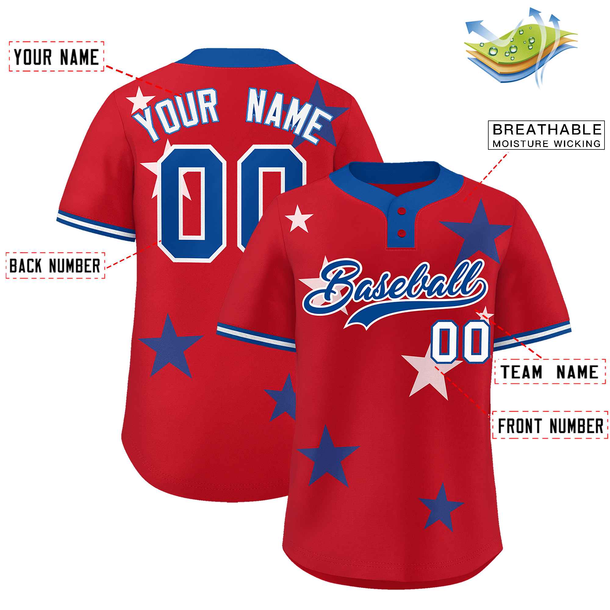 Custom Red Royal Personalized Star Graffiti Pattern Authentic Two-Button Baseball Jersey