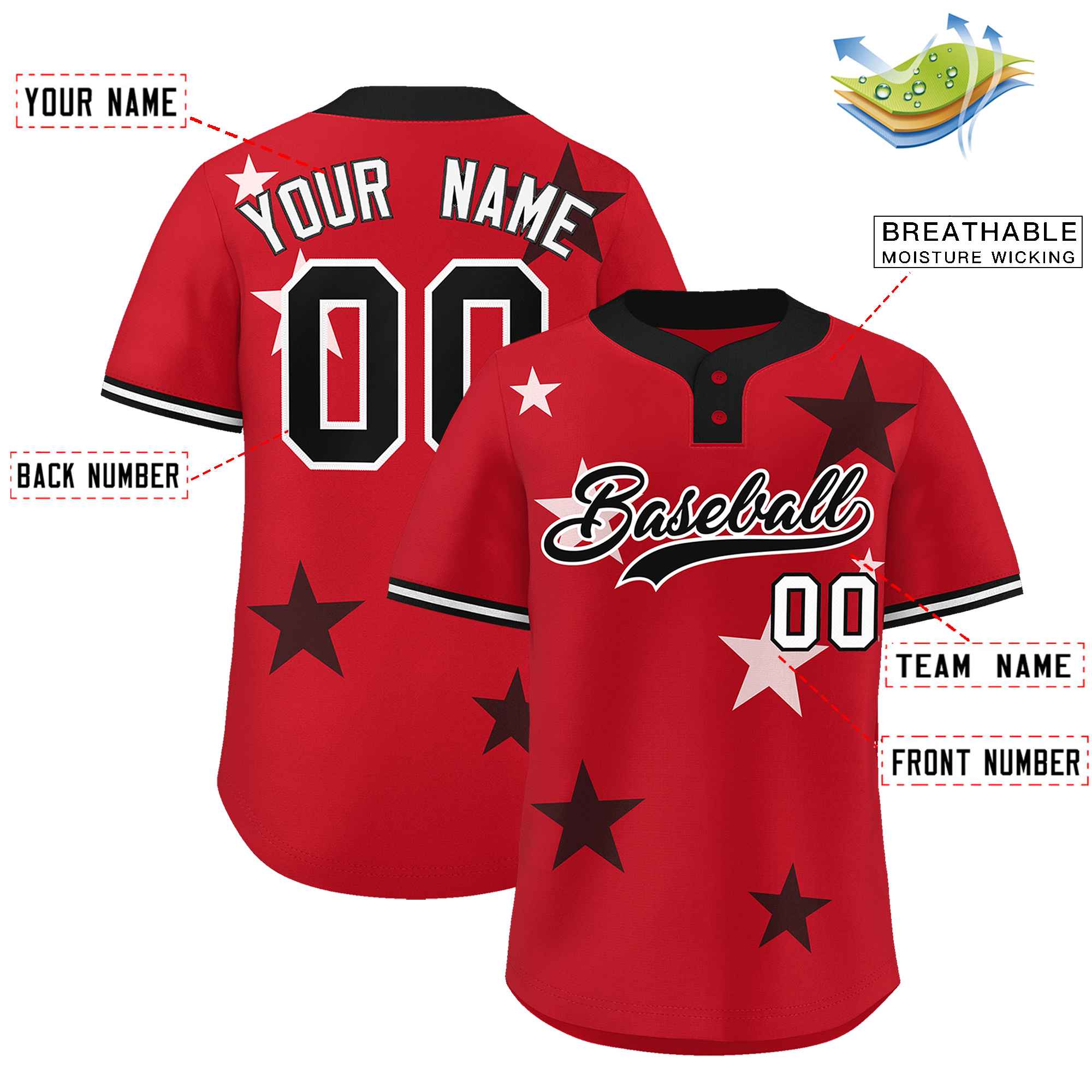 Custom Red Black Personalized Star Graffiti Pattern Authentic Two-Button Baseball Jersey