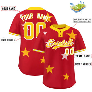 Custom Red Gold Personalized Star Graffiti Pattern Authentic Two-Button Baseball Jersey