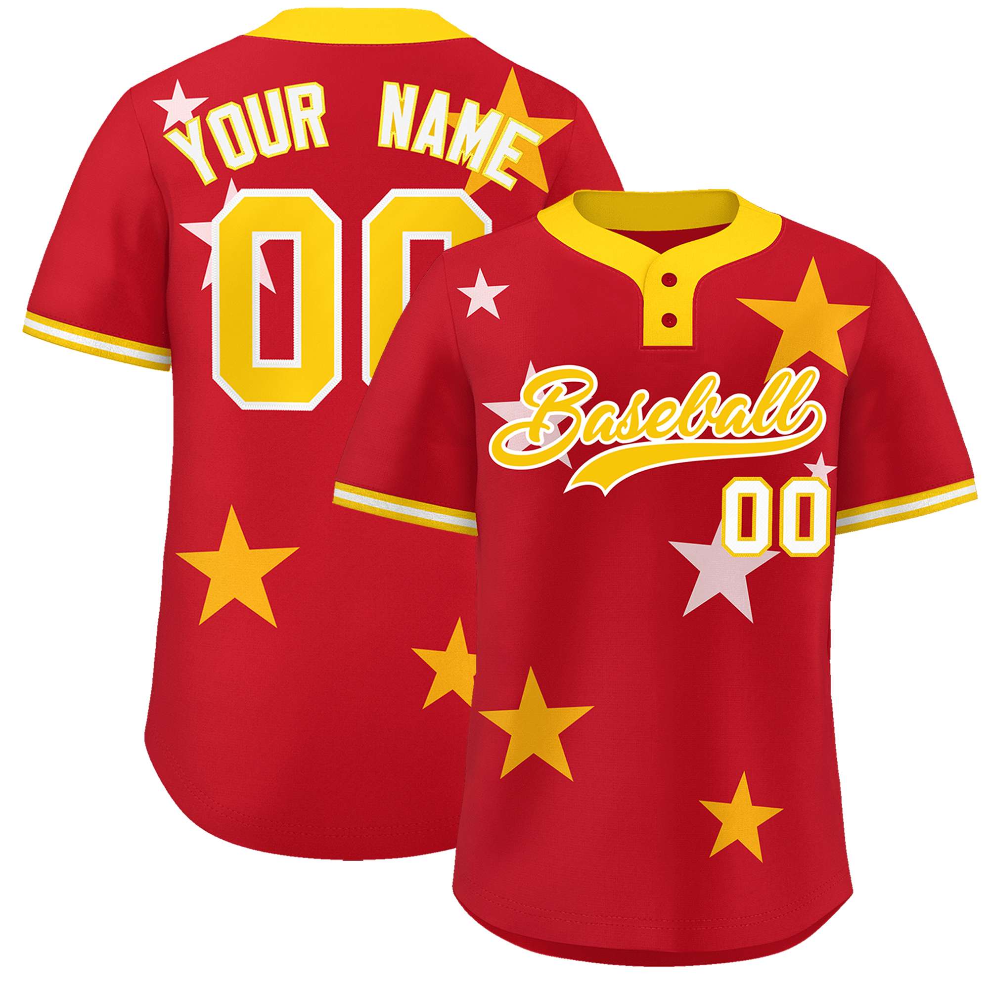 Custom Red Gold Personalized Star Graffiti Pattern Authentic Two-Button Baseball Jersey