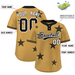 Custom Old Gold Black Personalized Star Graffiti Pattern Authentic Two-Button Baseball Jersey