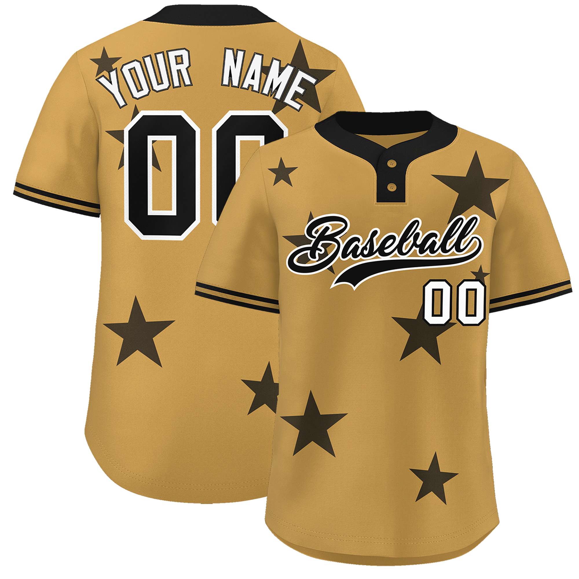 Custom Old Gold Black Personalized Star Graffiti Pattern Authentic Two-Button Baseball Jersey