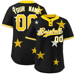 Custom Black Gold Personalized Star Graffiti Pattern Authentic Two-Button Baseball Jersey