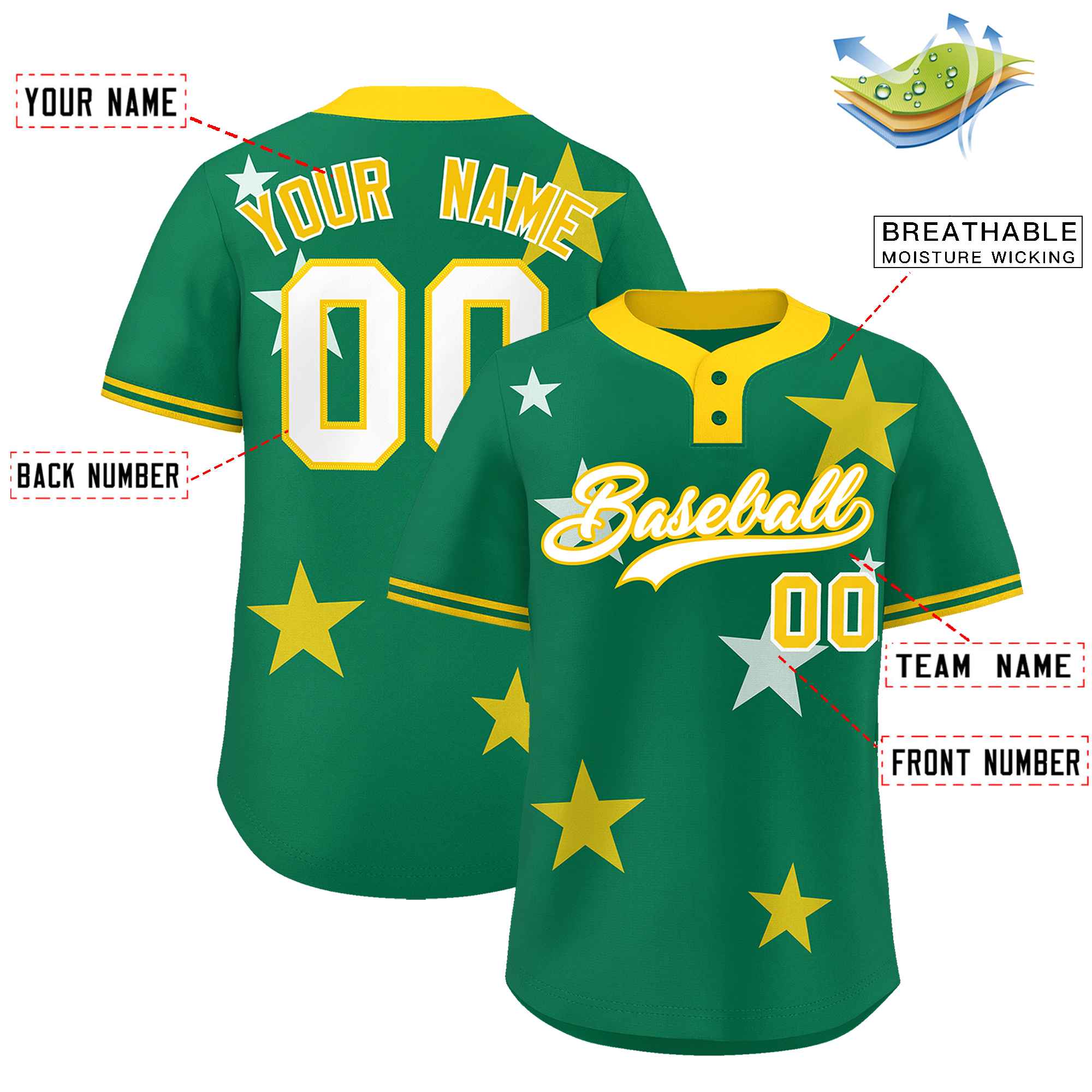 Custom Kelly Green Gold Personalized Star Graffiti Pattern Authentic Two-Button Baseball Jersey