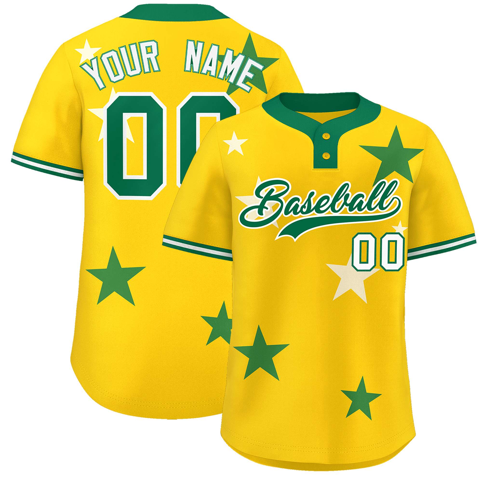 Custom Gold Kelly Green Personalized Star Graffiti Pattern Authentic Two-Button Baseball Jersey