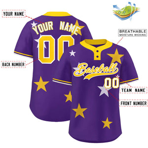 Custom Purple Gold Personalized Star Graffiti Pattern Authentic Two-Button Baseball Jersey