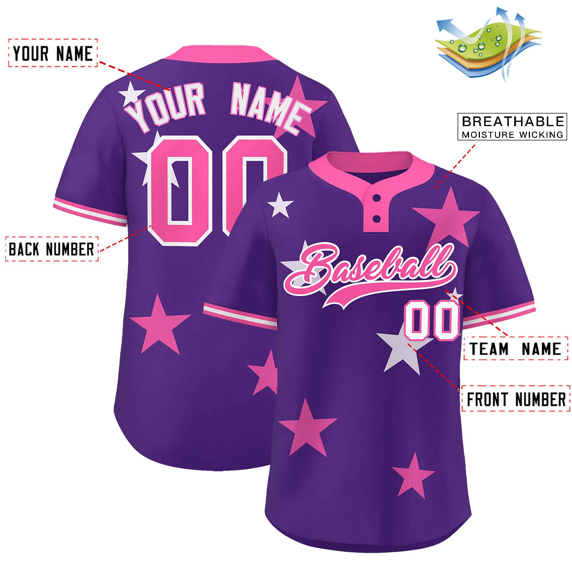 Custom Purple Pink Personalized Star Graffiti Pattern Authentic Two-Button Baseball Jersey