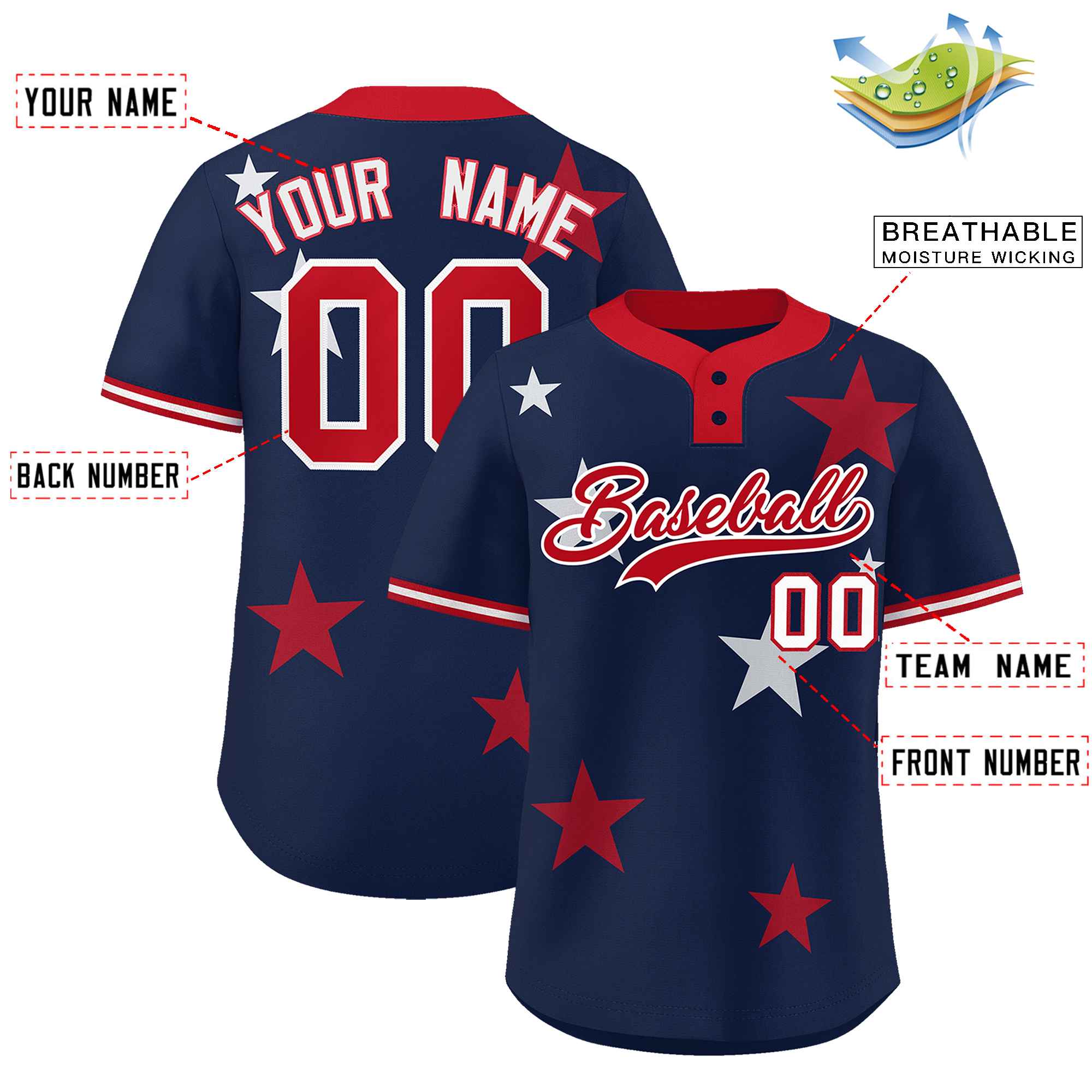 Custom Navy Red Personalized Star Graffiti Pattern Authentic Two-Button Baseball Jersey