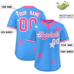 Custom Powder Blue Pink Personalized Star Graffiti Pattern Authentic Two-Button Baseball Jersey