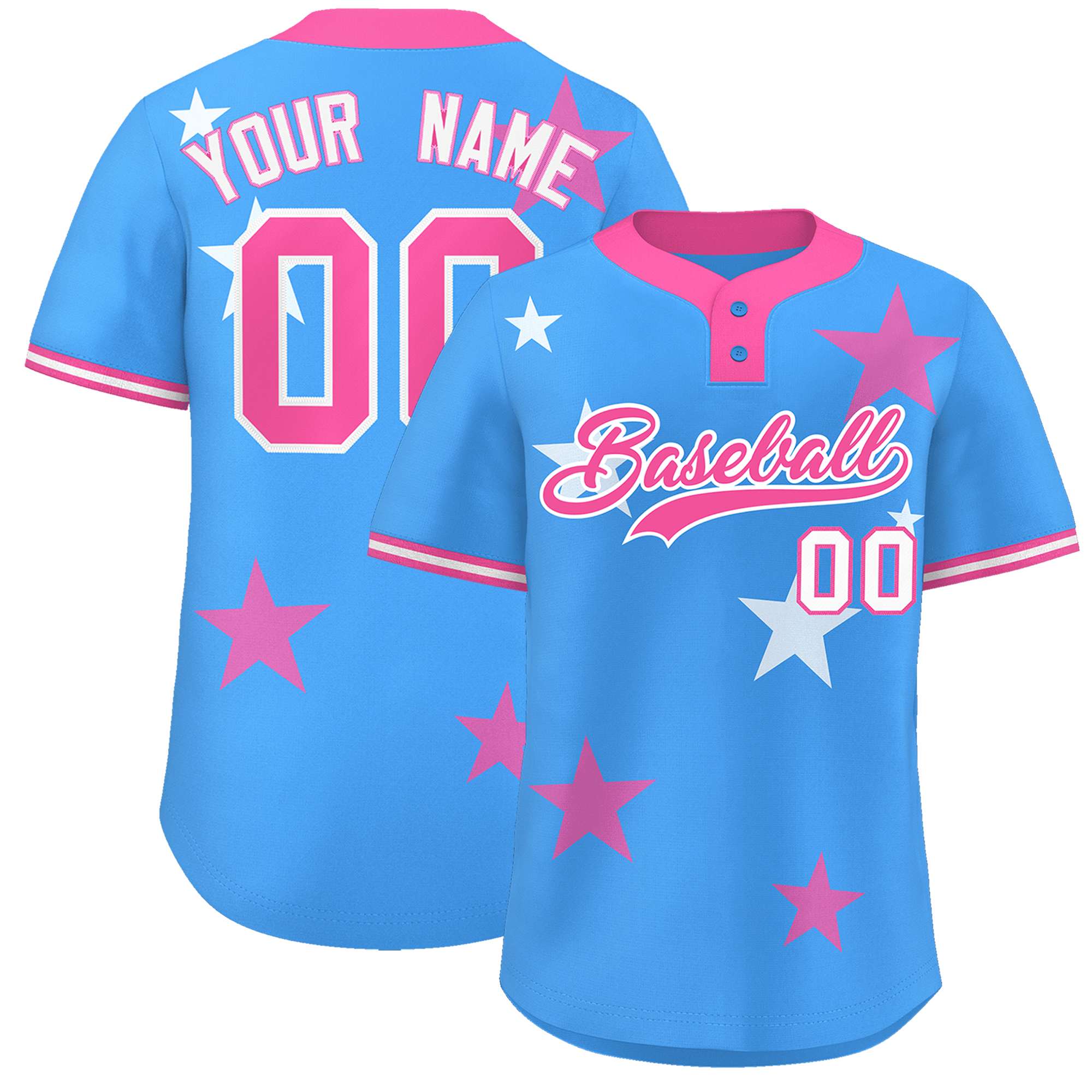 Custom Powder Blue Pink Personalized Star Graffiti Pattern Authentic Two-Button Baseball Jersey