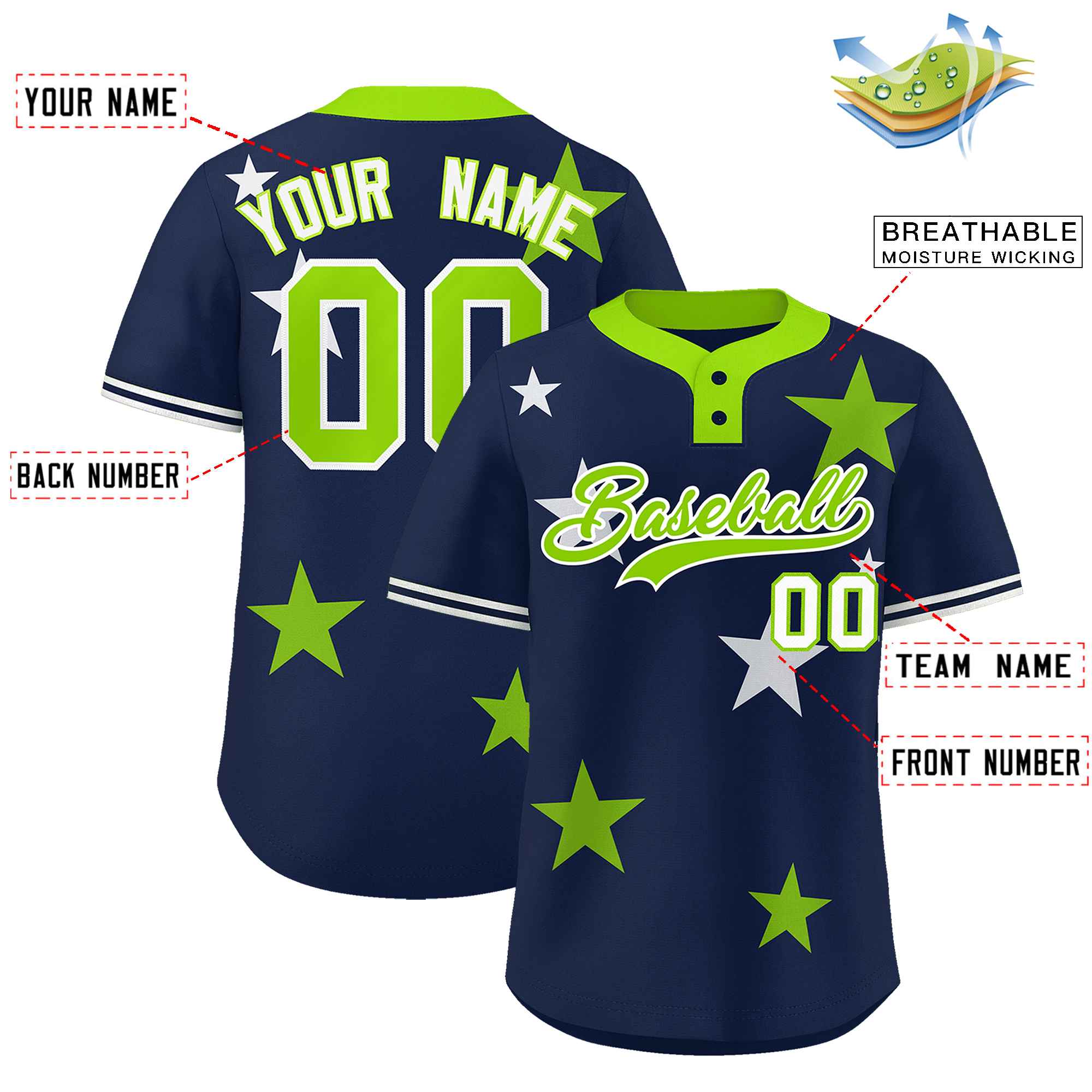 Custom Navy Neon Green Personalized Star Graffiti Pattern Authentic Two-Button Baseball Jersey