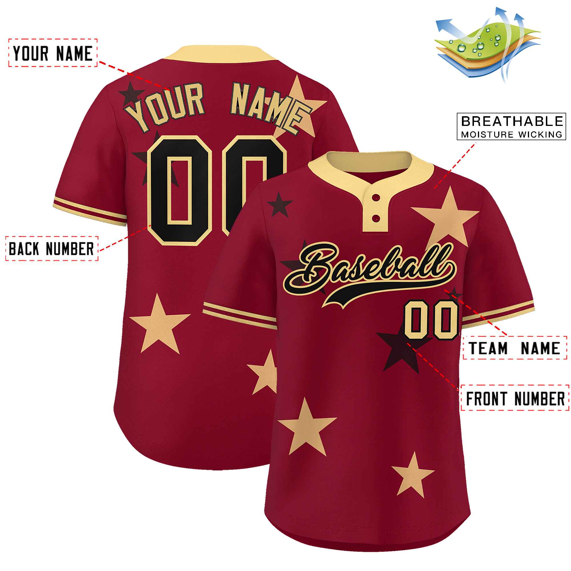 Custom Crimson Khaki Personalized Star Graffiti Pattern Authentic Two-Button Baseball Jersey