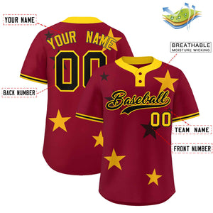 Custom Crimson Gold Personalized Star Graffiti Pattern Authentic Two-Button Baseball Jersey