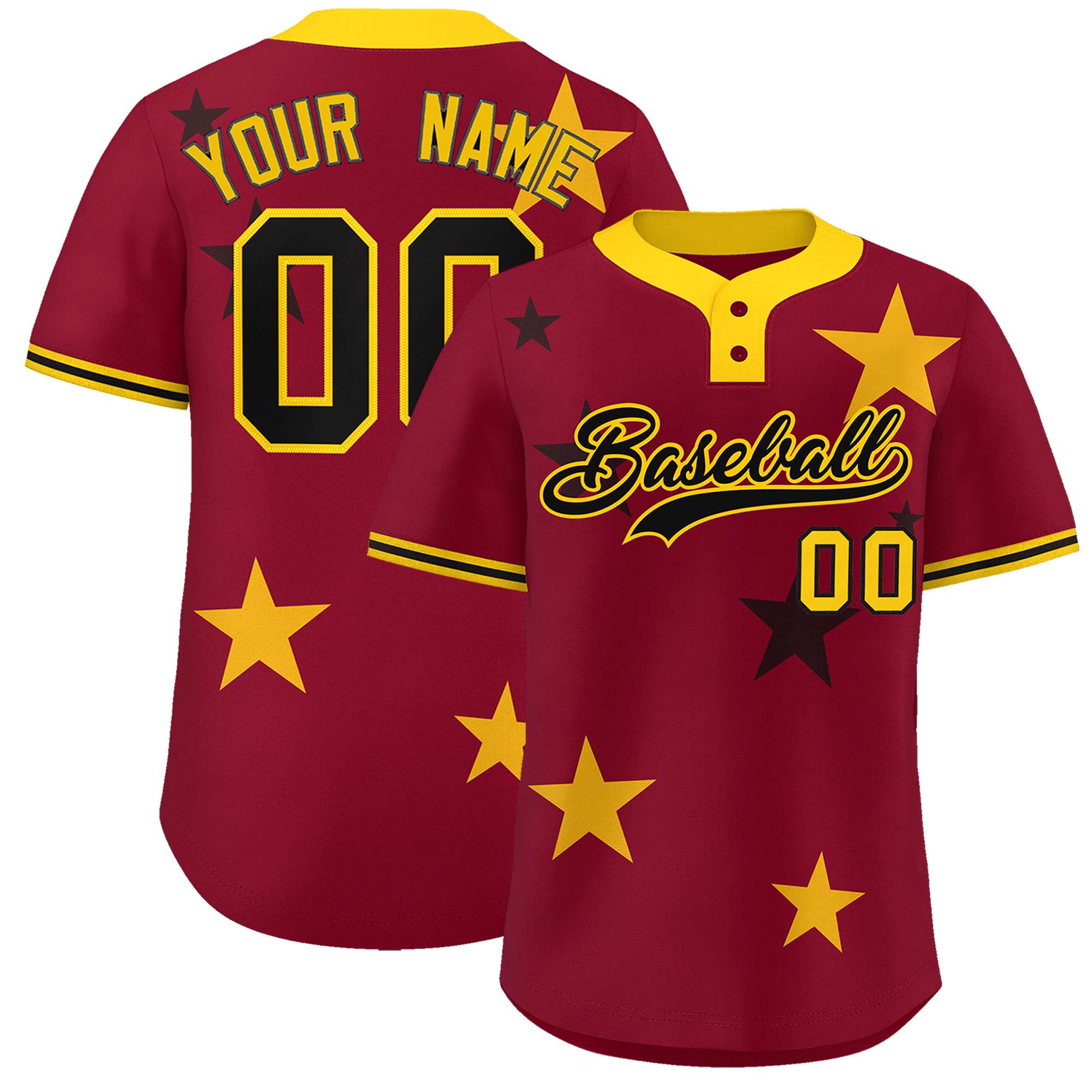 Custom Crimson Gold Personalized Star Graffiti Pattern Authentic Two-Button Baseball Jersey