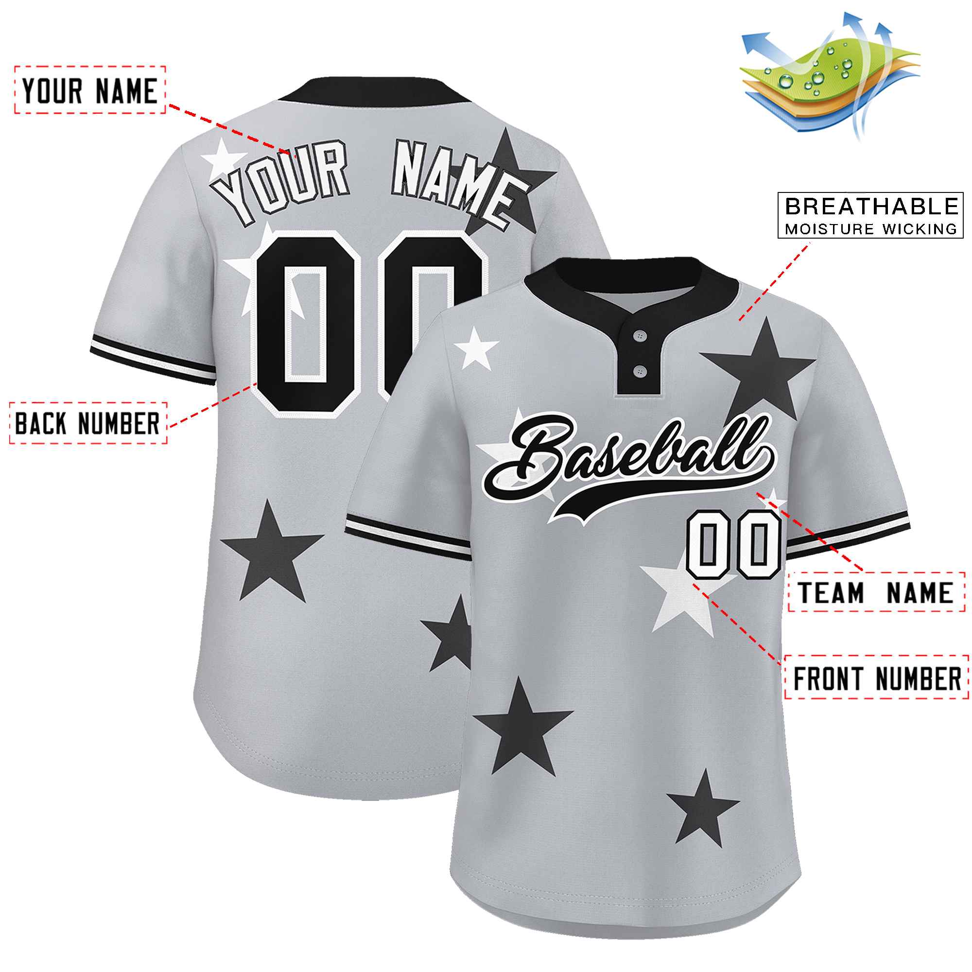 Custom Gray Black Personalized Star Graffiti Pattern Authentic Two-Button Baseball Jersey