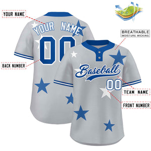 Custom Gray Royal Personalized Star Graffiti Pattern Authentic Two-Button Baseball Jersey