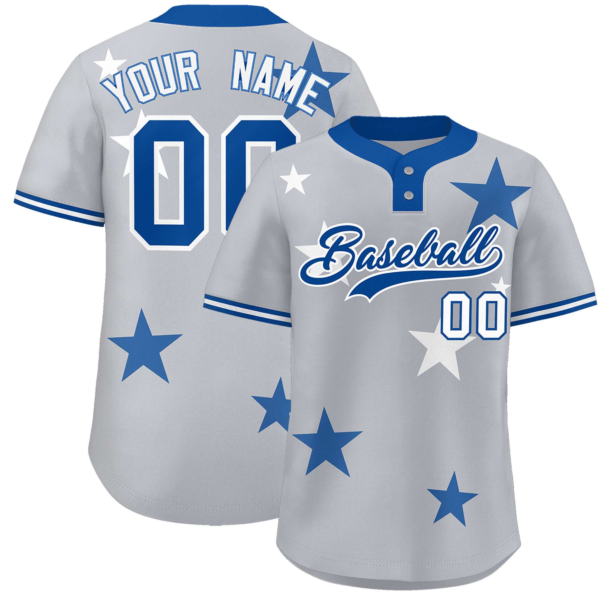 Custom Gray Royal Personalized Star Graffiti Pattern Authentic Two-Button Baseball Jersey