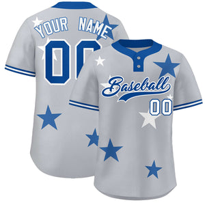 Custom Gray Royal Personalized Star Graffiti Pattern Authentic Two-Button Baseball Jersey