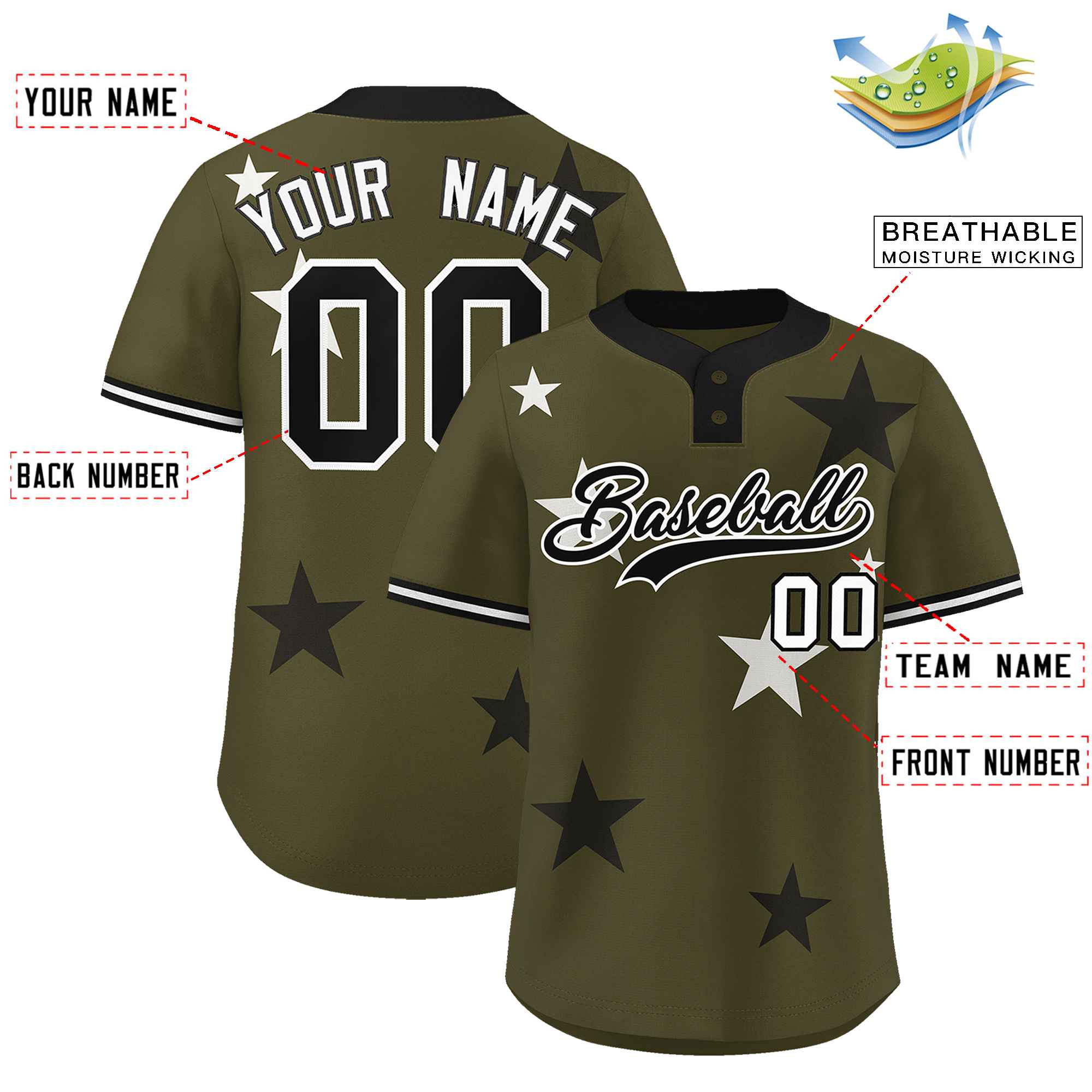 Custom Olive Black Personalized Star Graffiti Pattern Authentic Two-Button Baseball Jersey