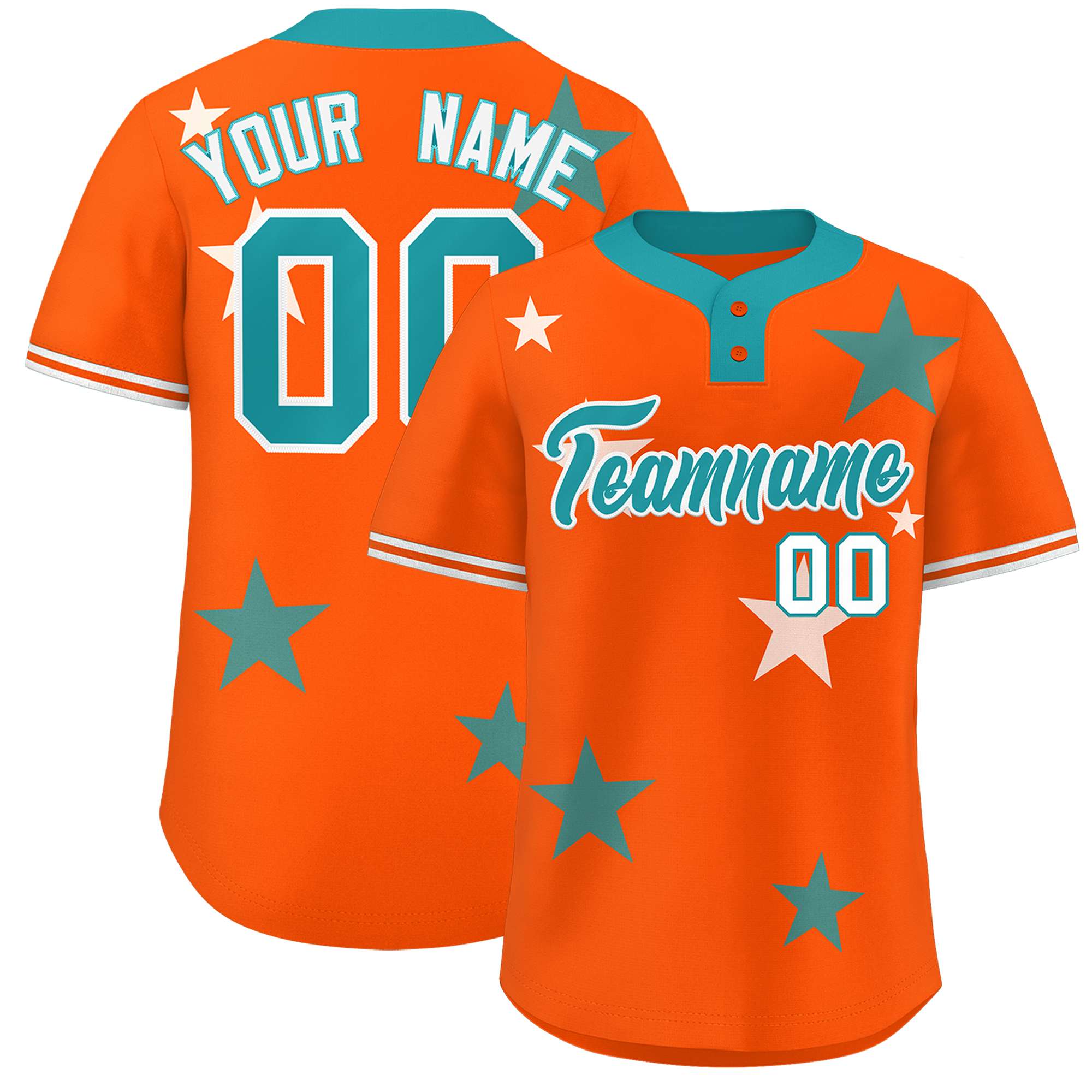 Custom Orange Aqua Personalized Star Graffiti Pattern Authentic Two-Button Baseball Jersey