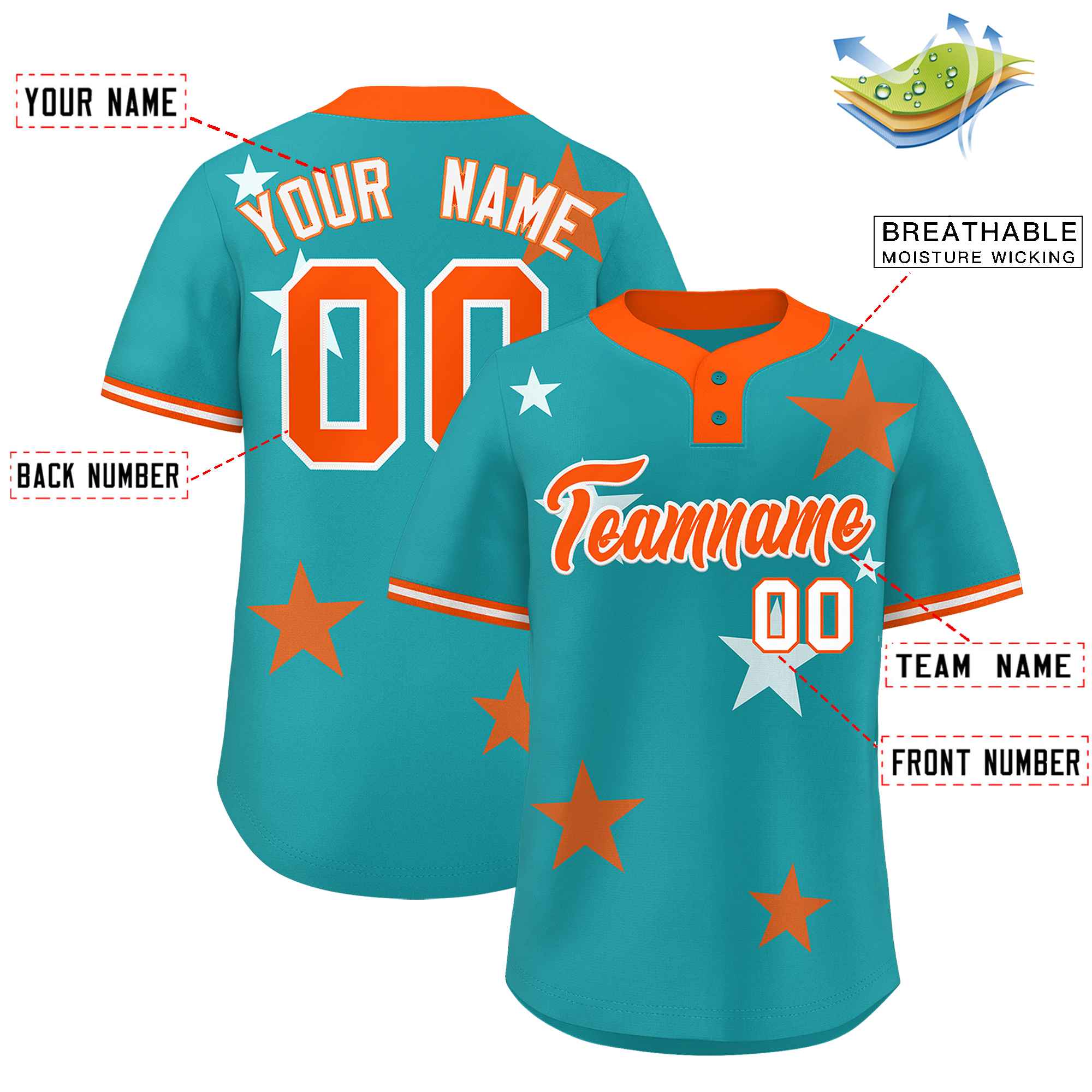 Custom Aqua Orange Personalized Star Graffiti Pattern Authentic Two-Button Baseball Jersey