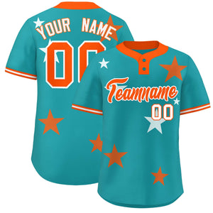 Custom Aqua Orange Personalized Star Graffiti Pattern Authentic Two-Button Baseball Jersey