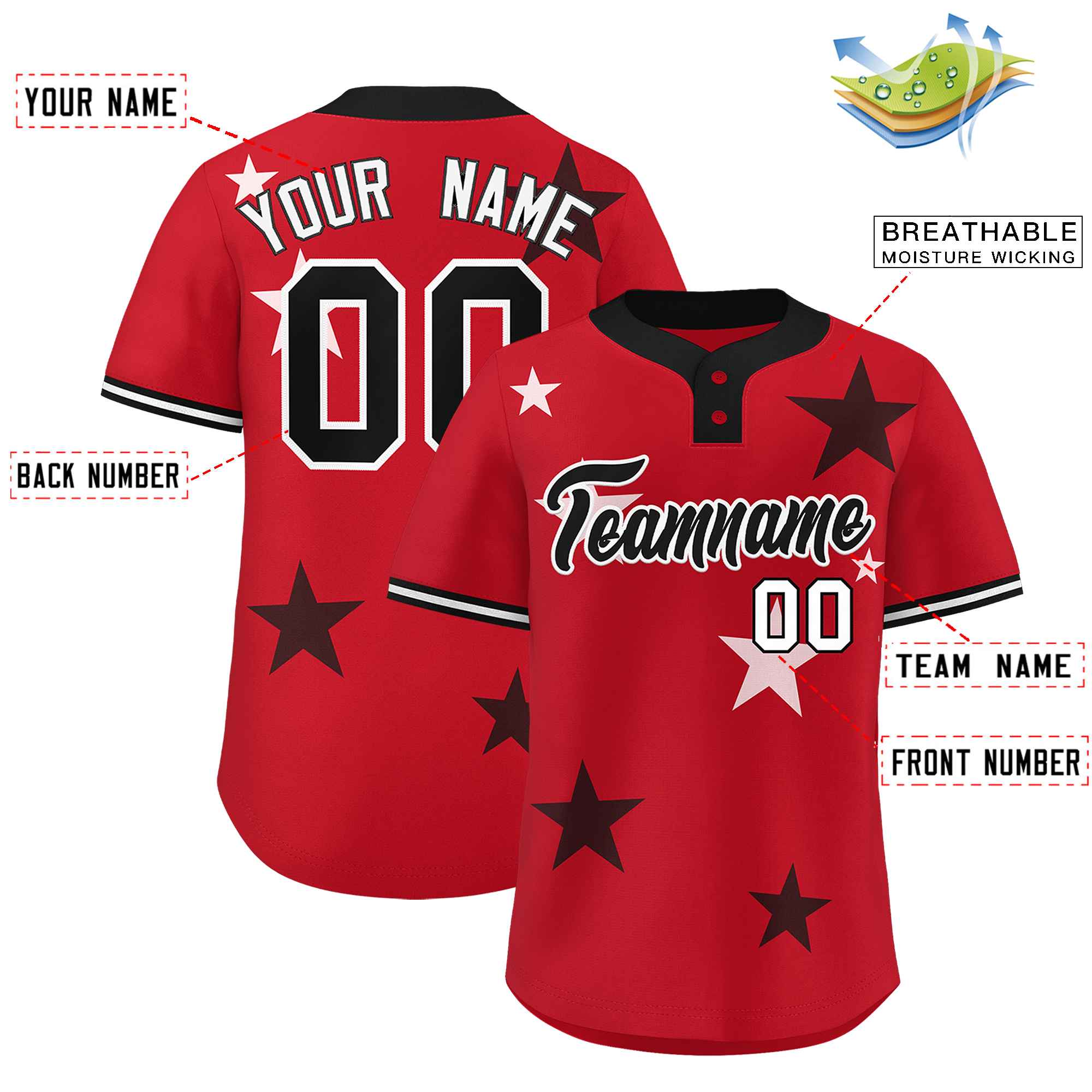 Custom Red Black Personalized Star Graffiti Pattern Authentic Two-Button Baseball Jersey