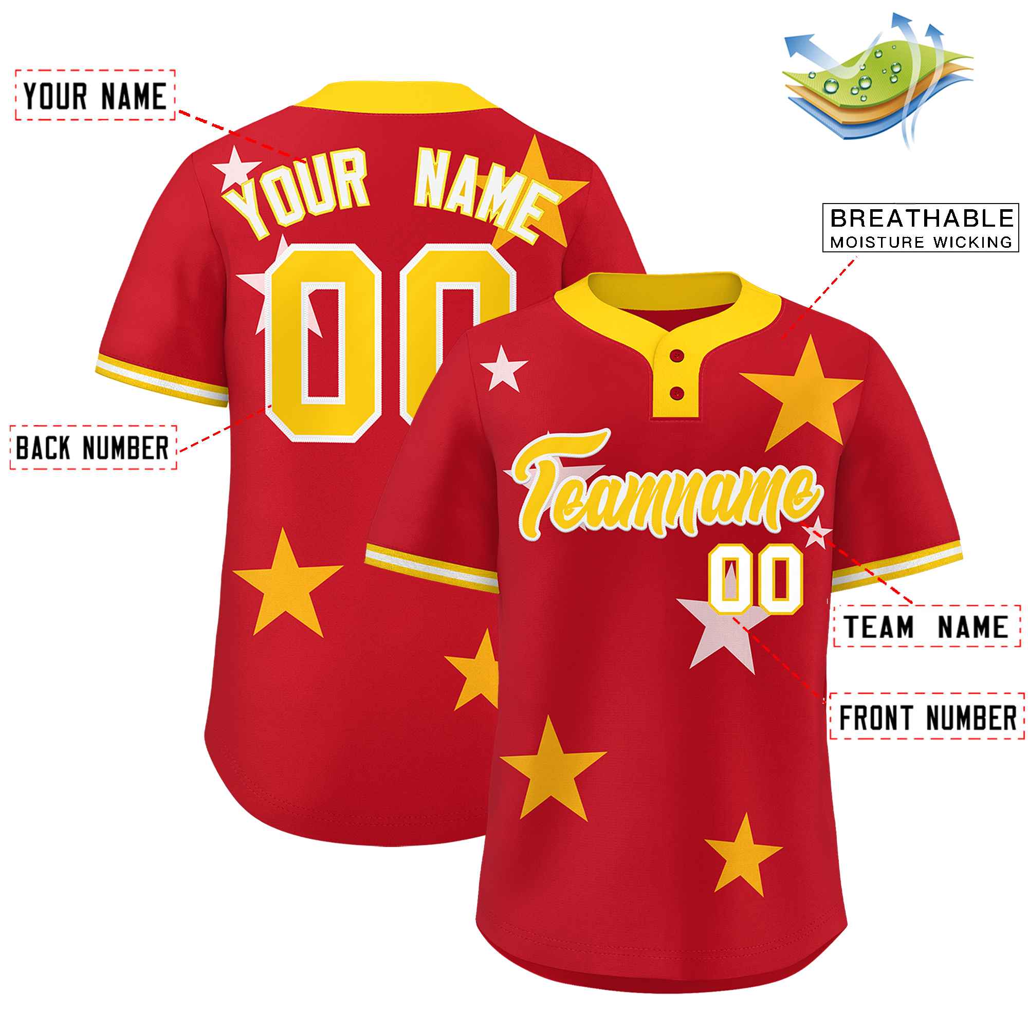 Custom Red Gold Personalized Star Graffiti Pattern Authentic Two-Button Baseball Jersey