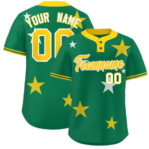 Custom Kelly Green Gold Personalized Star Graffiti Pattern Authentic Two-Button Baseball Jersey