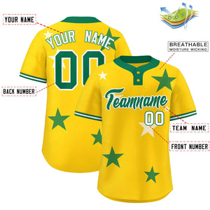 Custom Gold Kelly Green Personalized Star Graffiti Pattern Authentic Two-Button Baseball Jersey