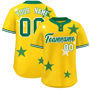 Custom Gold Kelly Green Personalized Star Graffiti Pattern Authentic Two-Button Baseball Jersey