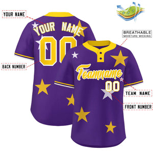 Custom Purple Gold Personalized Star Graffiti Pattern Authentic Two-Button Baseball Jersey