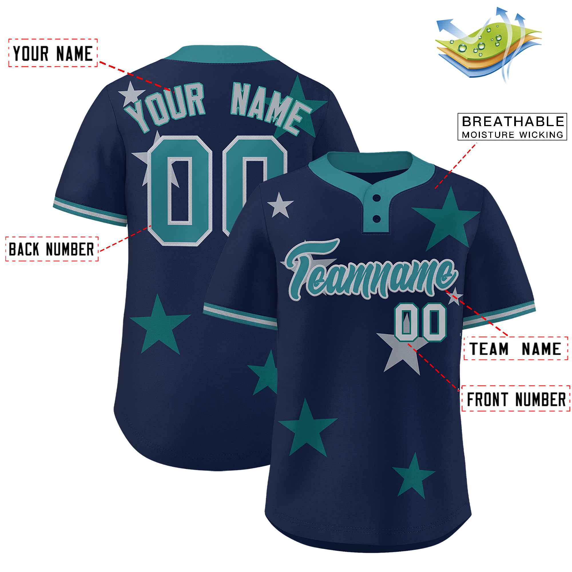 Custom Navy Aqua Personalized Star Graffiti Pattern Authentic Two-Button Baseball Jersey