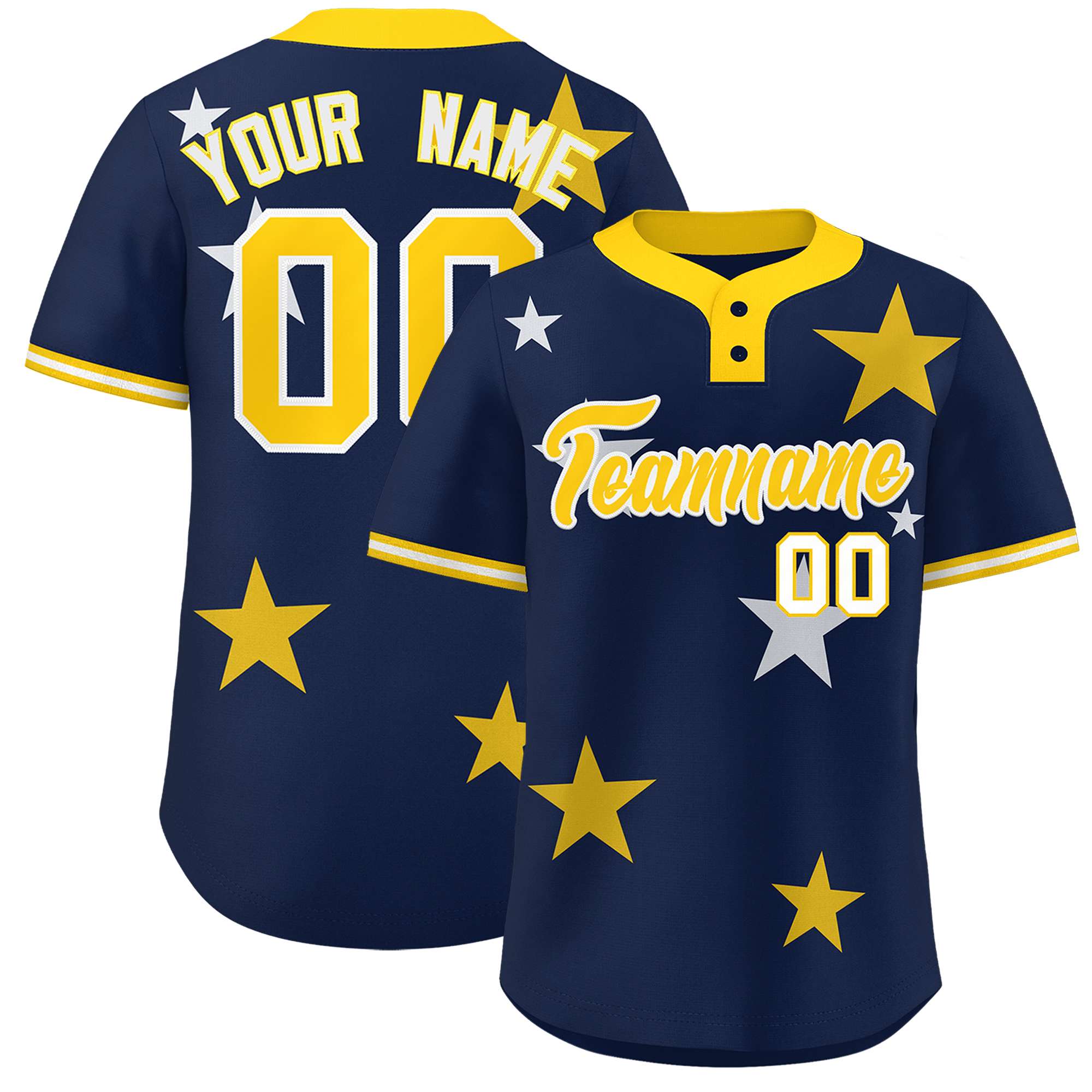 Custom Navy Gold Personalized Star Graffiti Pattern Authentic Two-Button Baseball Jersey