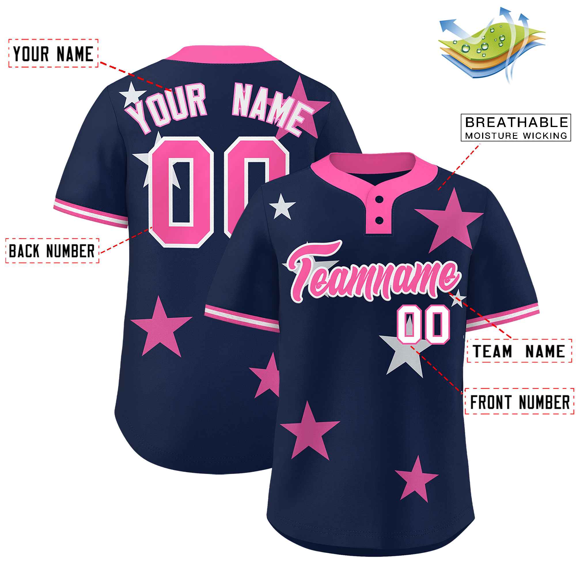 Custom Navy Pink Personalized Star Graffiti Pattern Authentic Two-Button Baseball Jersey