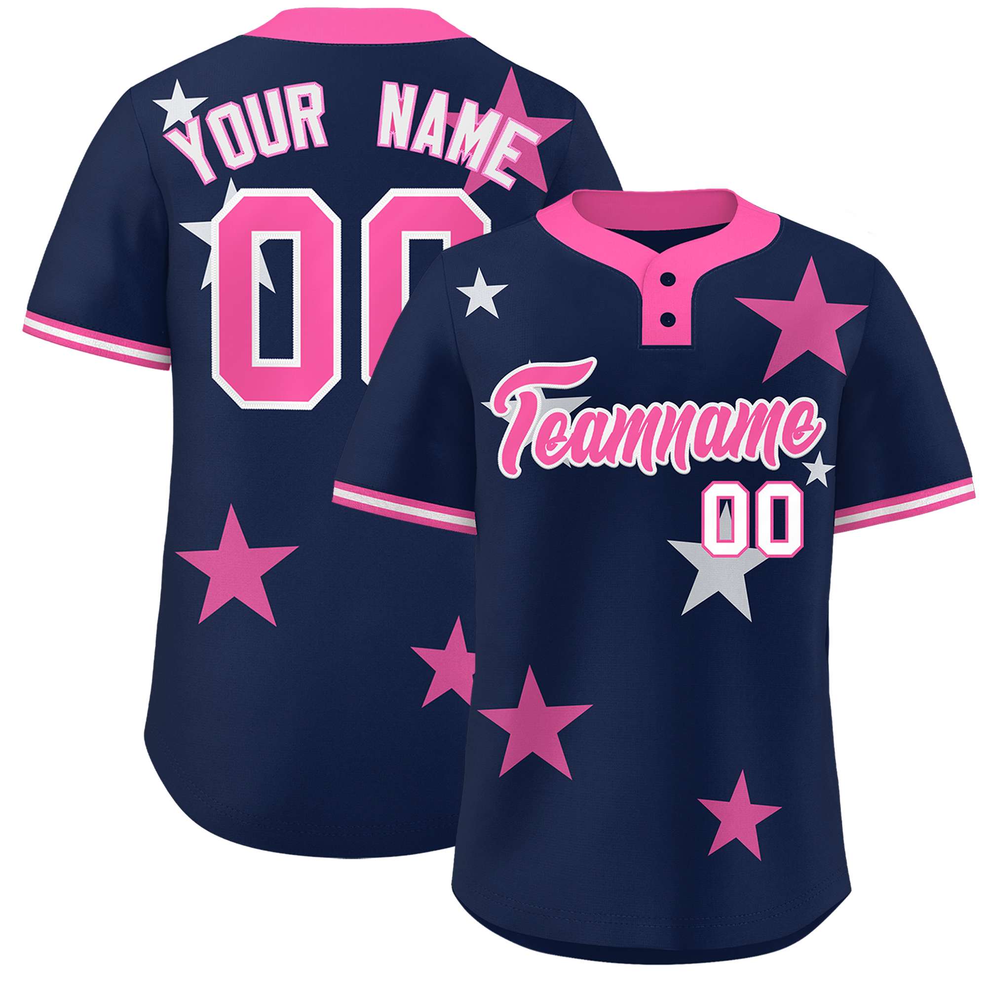 Custom Navy Pink Personalized Star Graffiti Pattern Authentic Two-Button Baseball Jersey