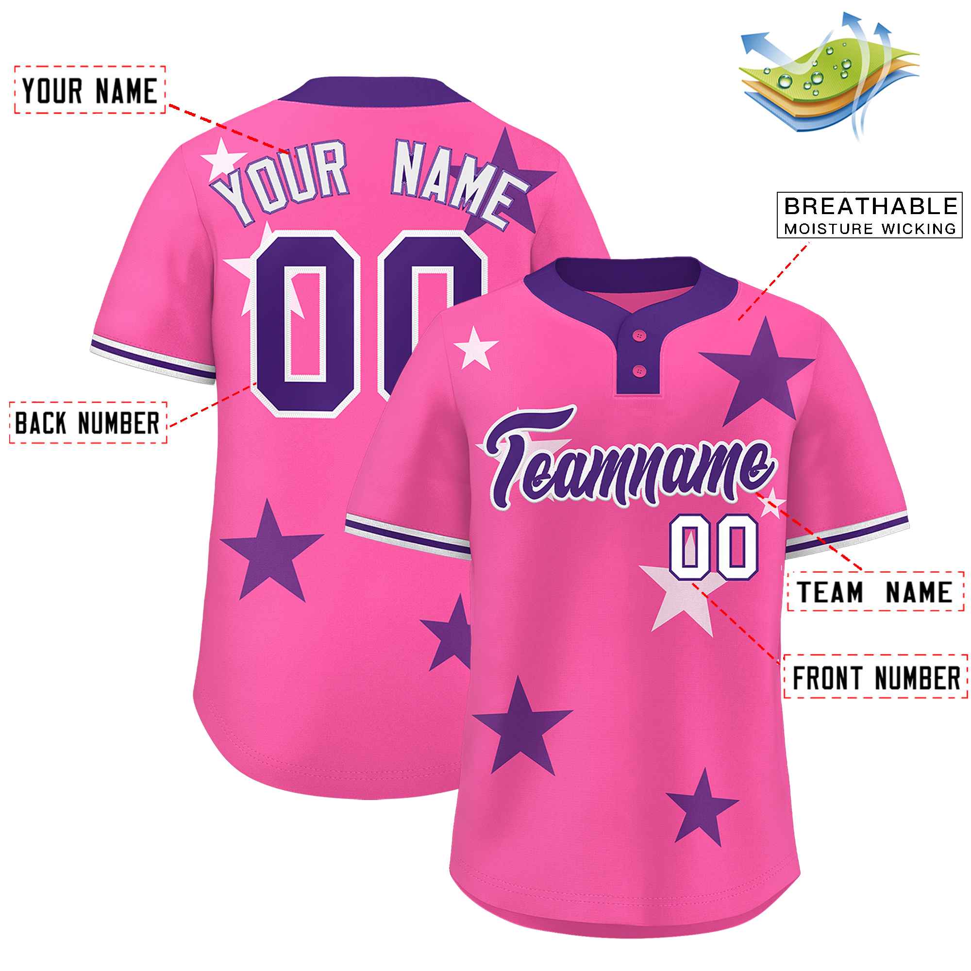 Custom Pink Purple Personalized Star Graffiti Pattern Authentic Two-Button Baseball Jersey