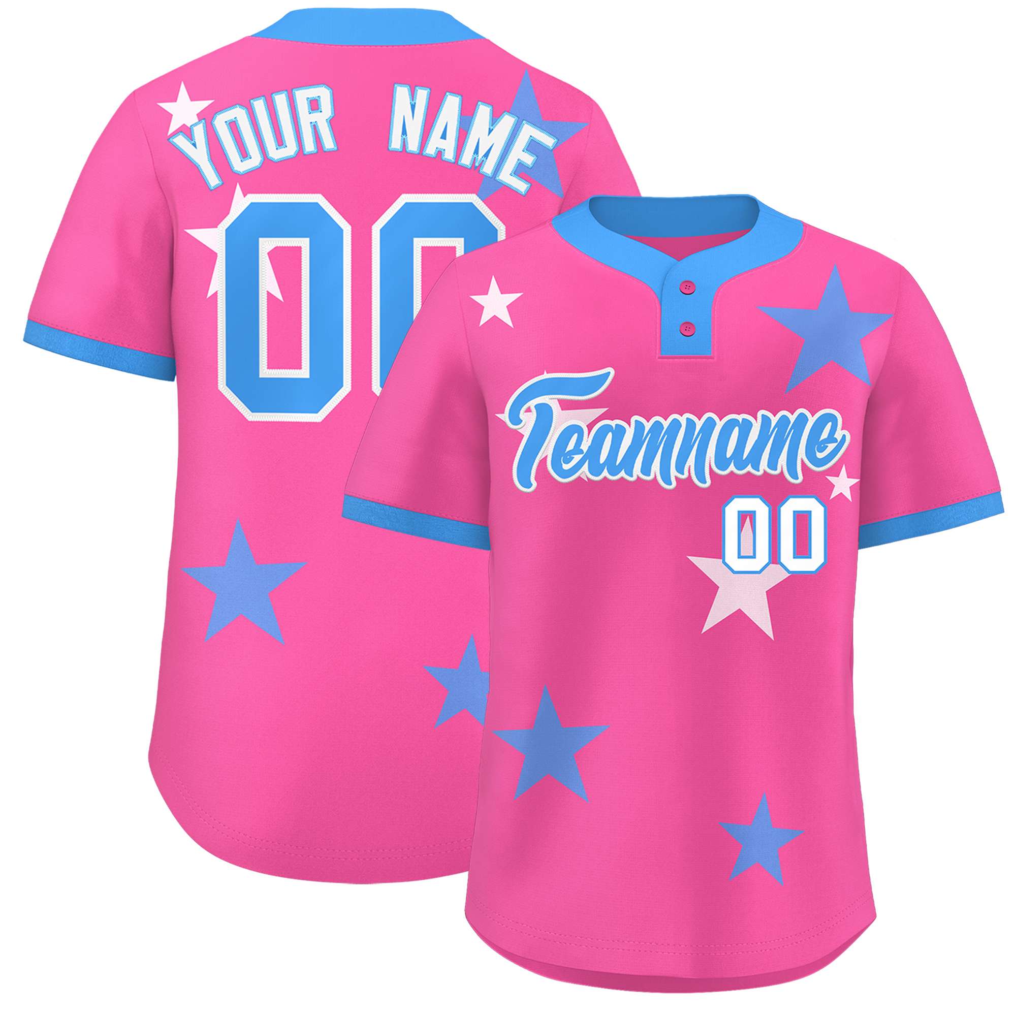 Custom Pink Powder Blue Personalized Star Graffiti Pattern Authentic Two-Button Baseball Jersey