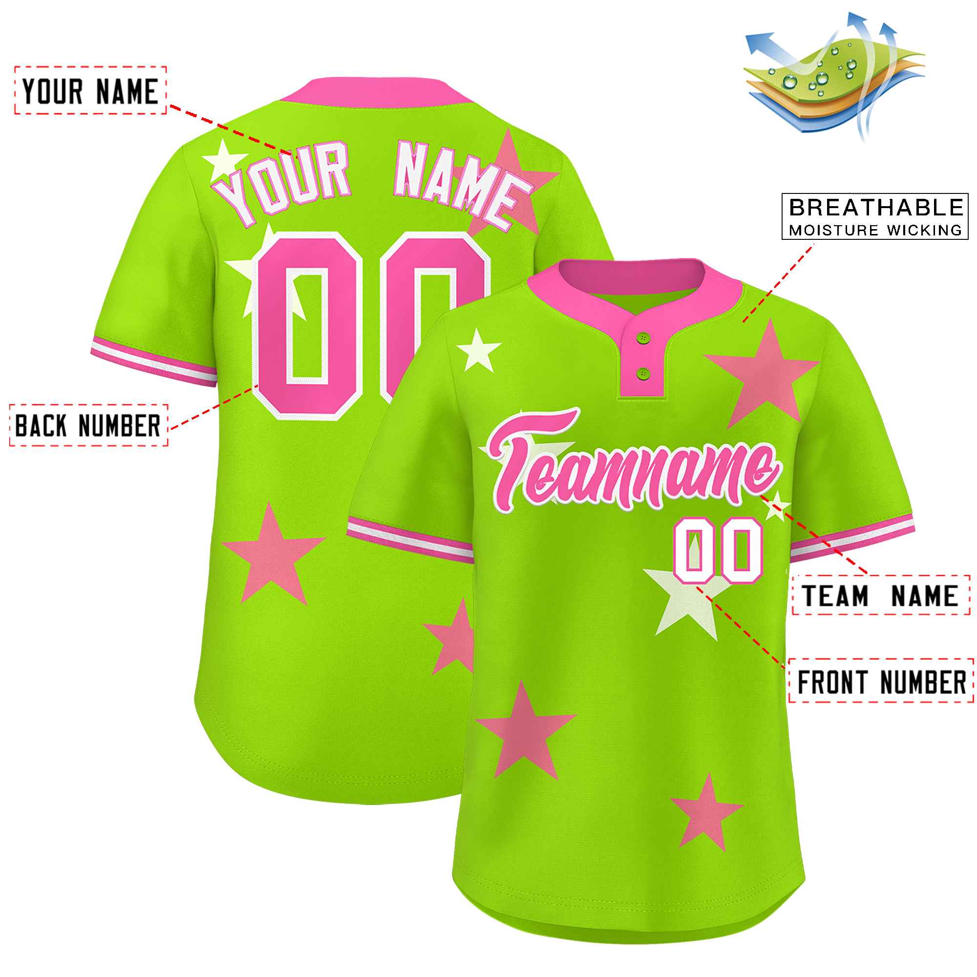 Custom Neon Green Pink Personalized Star Graffiti Pattern Authentic Two-Button Baseball Jersey