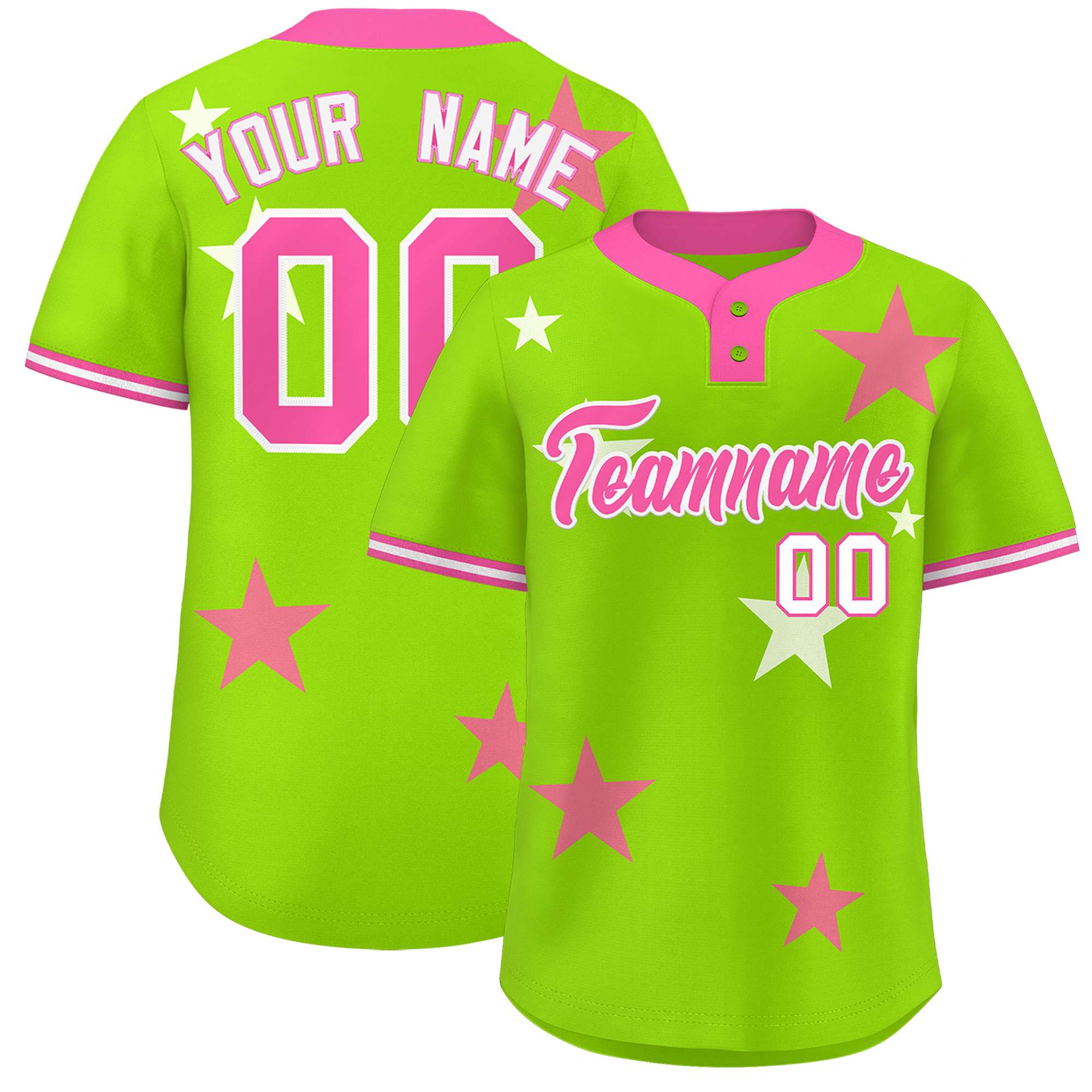 Custom Neon Green Pink Personalized Star Graffiti Pattern Authentic Two-Button Baseball Jersey