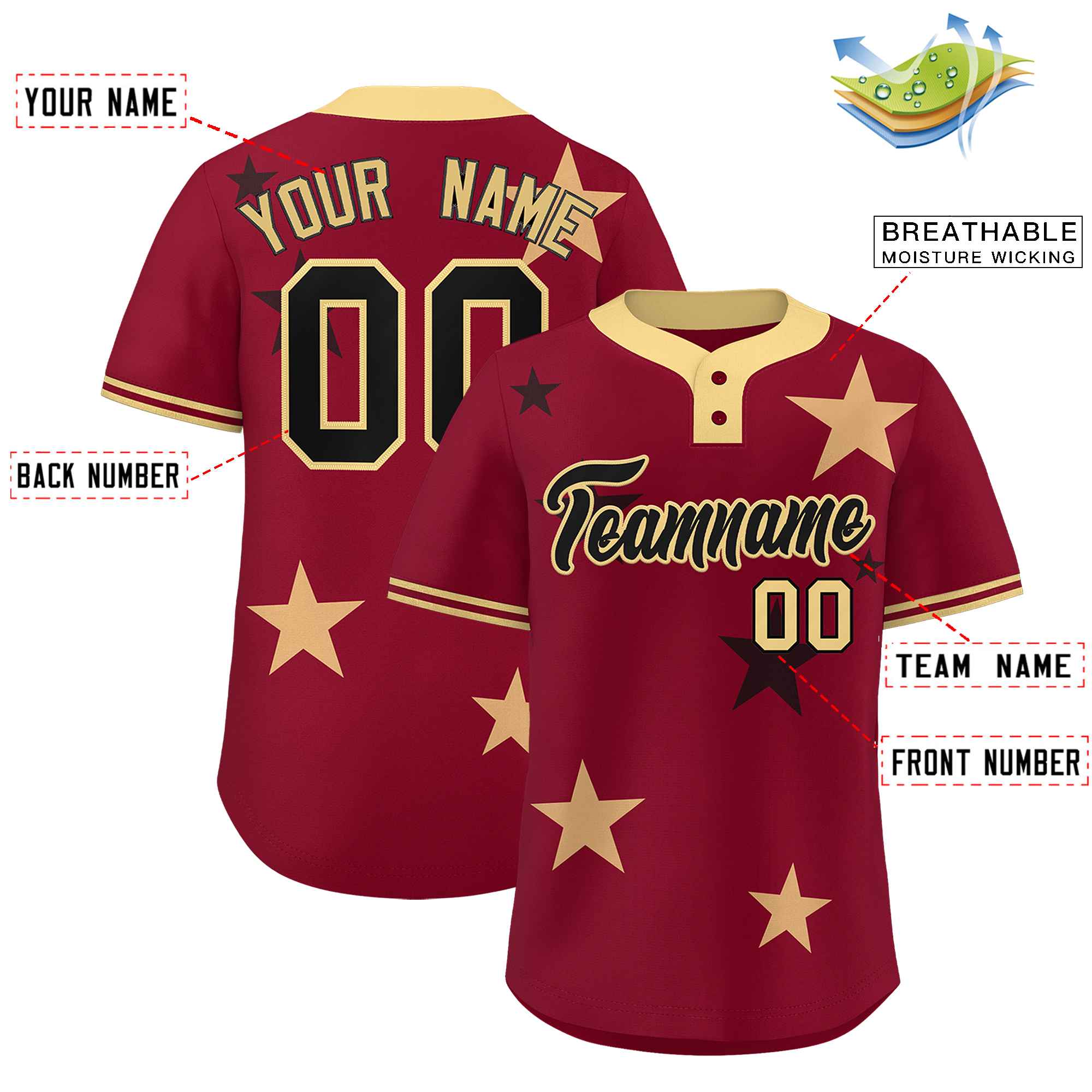 Custom Crimson Khaki Personalized Star Graffiti Pattern Authentic Two-Button Baseball Jersey