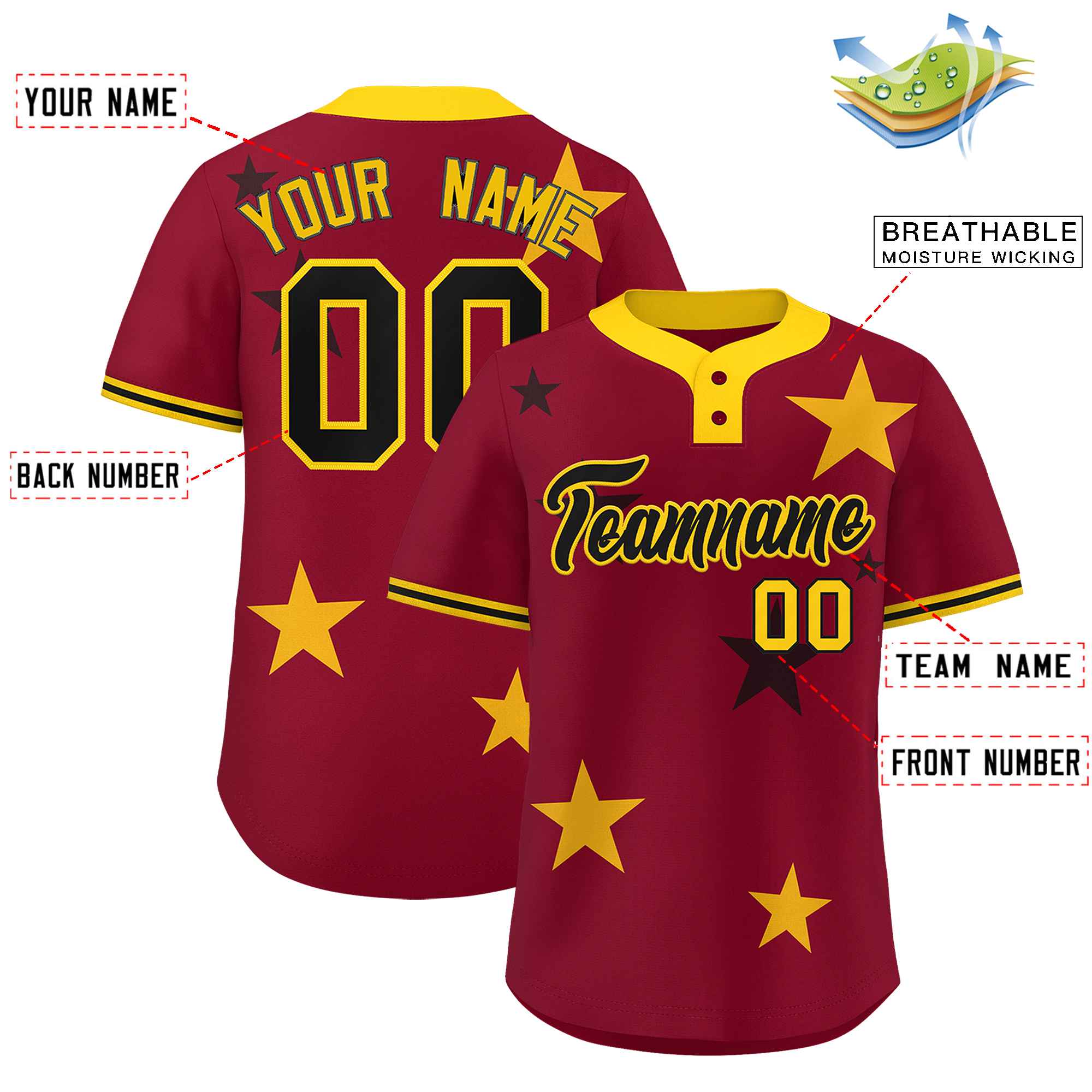 Custom Crimson Gold Personalized Star Graffiti Pattern Authentic Two-Button Baseball Jersey