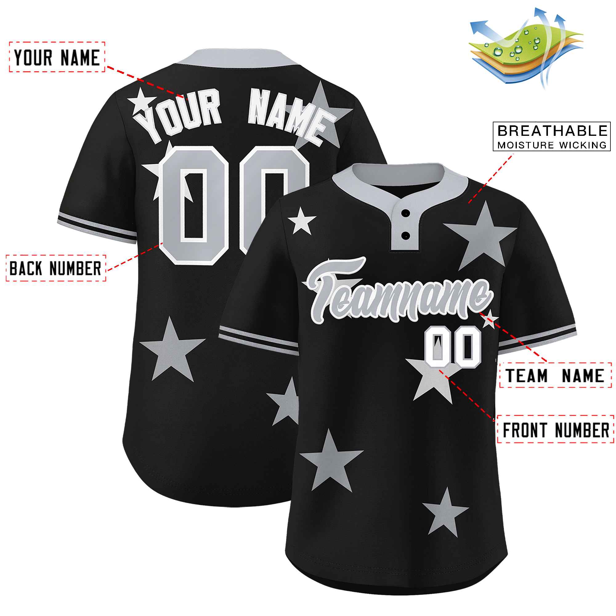 Custom Black Gray Personalized Star Graffiti Pattern Authentic Two-Button Baseball Jersey