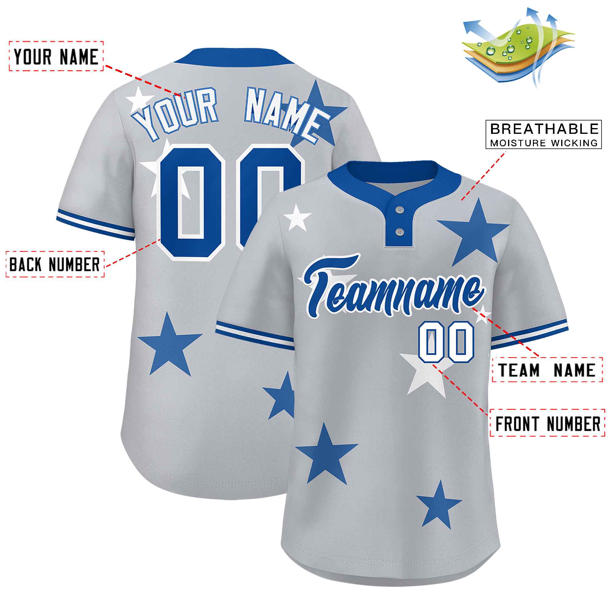 Custom Gray Royal Personalized Star Graffiti Pattern Authentic Two-Button Baseball Jersey