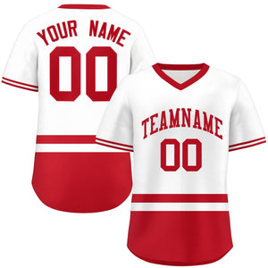 Custom White Red Color Block Personalized V-Neck Authentic Pullover Baseball Jersey