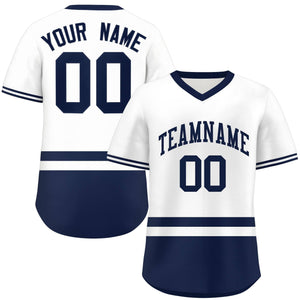 Custom White Navy Color Block Personalized V-Neck Authentic Pullover Baseball Jersey